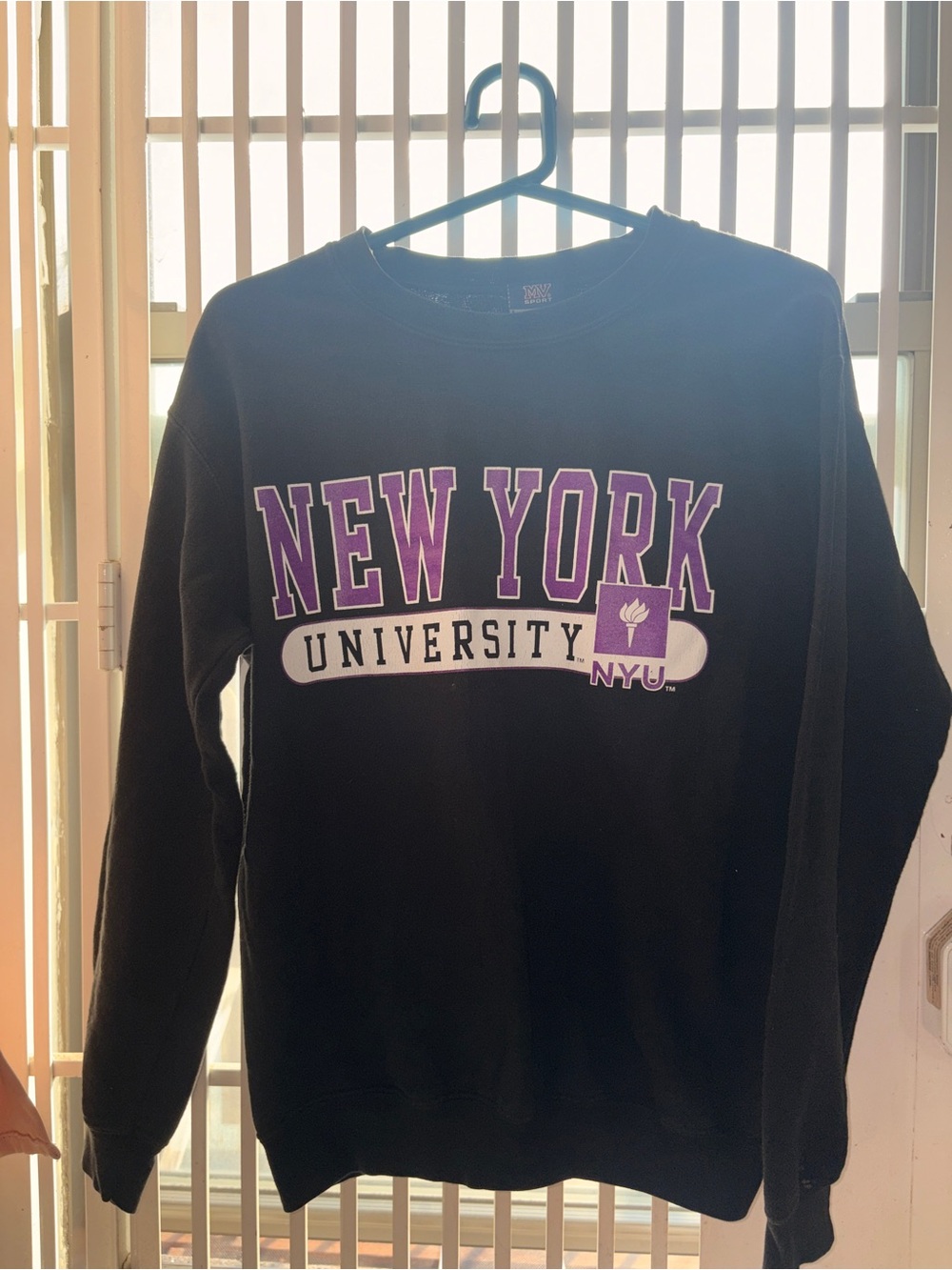 MV Sport Black Sweatshirt with Purple and White NYU Graphic